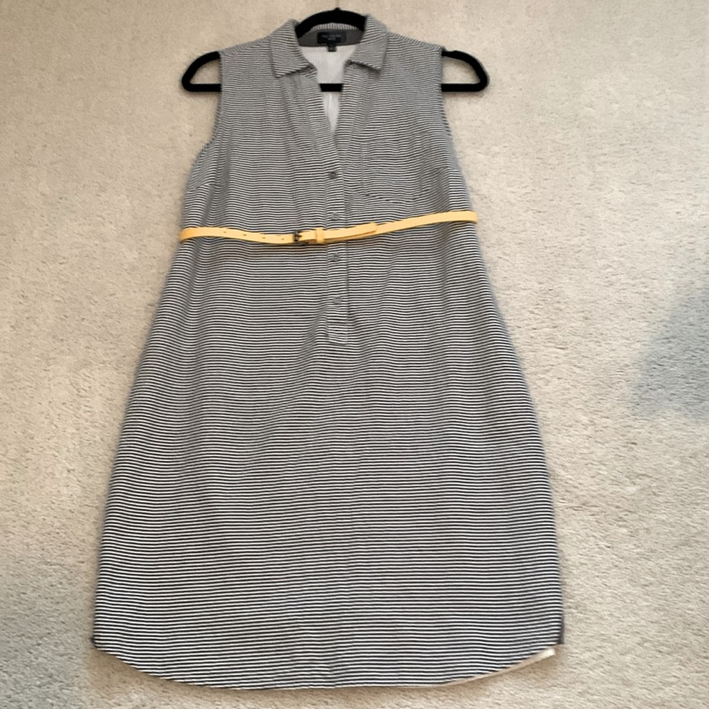 The Limited Ashton Gray Striped Sleeveless Shift Dress with yellow belt.